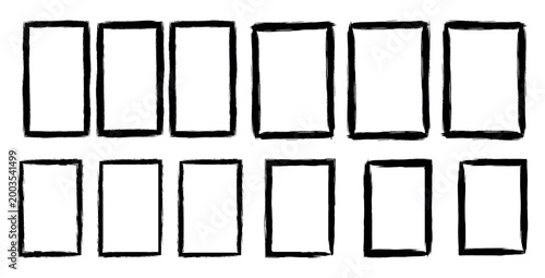 Set of rectangular frames with rough brush stroke texture for artistic graphic layouts now.