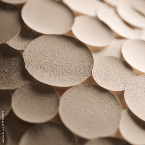 Warm toned abstract background with overlapping textured beige paper circles and soft light.