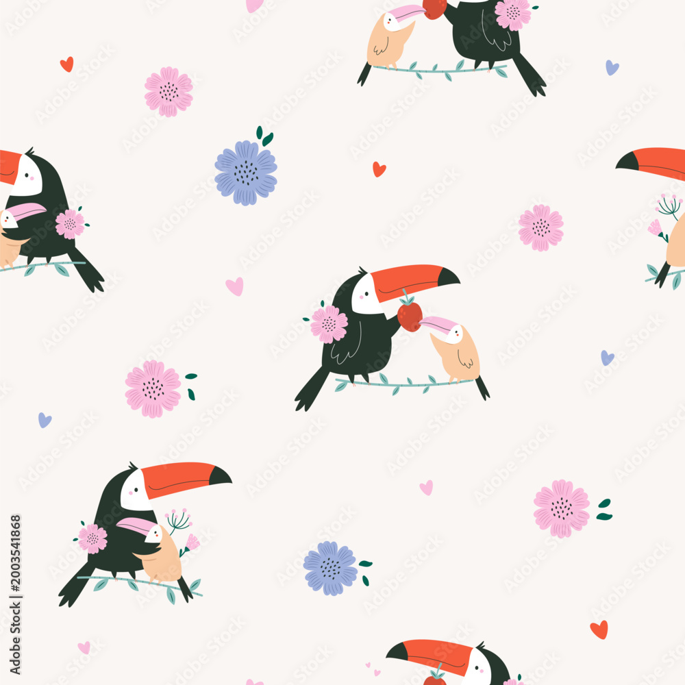 Fototapeta premium Seamless pattern with cartoon toucan families and flowers on light background