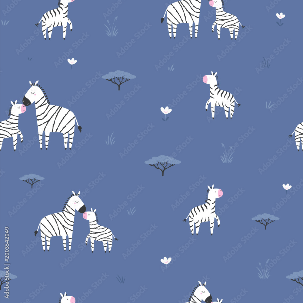Fototapeta premium Seamless pattern with cartoon zebra families and acacia trees on blue background