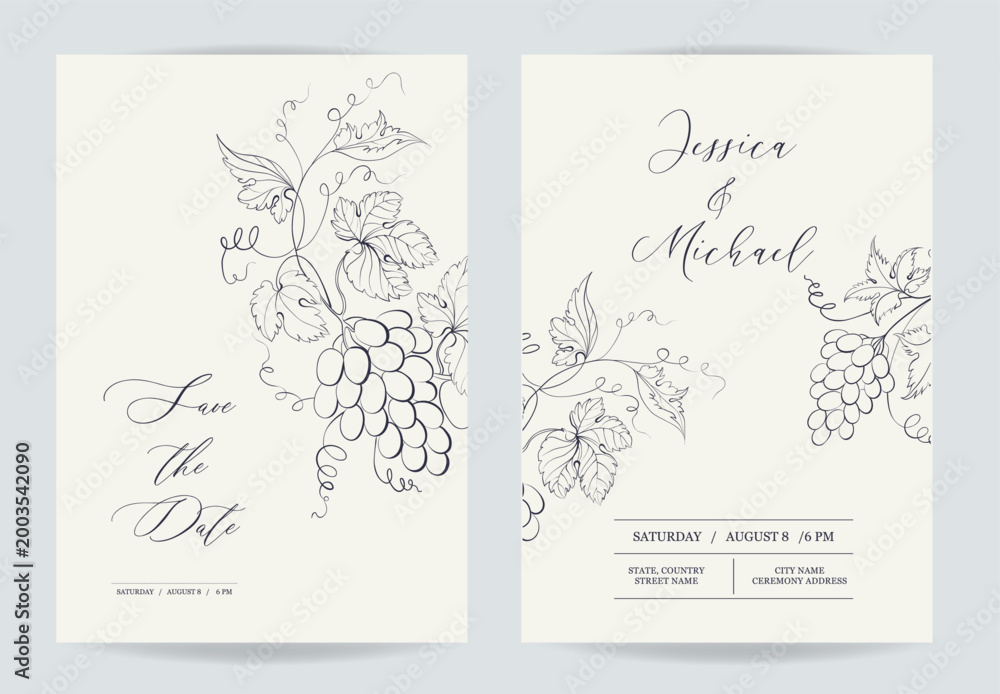 Fototapeta premium Grape wine wedding cards. Vintage vine decoration