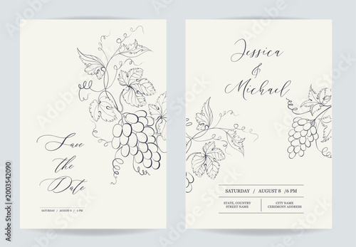 Grape wine wedding cards. Vintage vine decoration