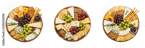 Set of Charcuterie Cheese Platter on Wood Board Isolated on White Background, PNG