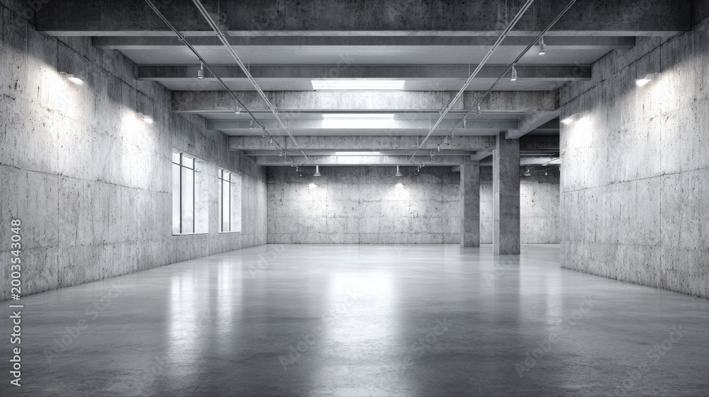 Fototapeta premium Modern Industrial Concrete Empty Warehouse Space with Natural Light and Artificial Illumination