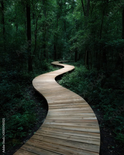Winding Wooden Path Through Lush Green Forest Landscape