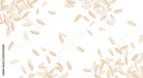 Scattered uncooked rice grains on a white background, food ingredient, top view