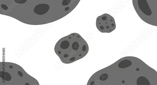 Cosmic asteroids floating in space, dark gray rocks with craters, white background
