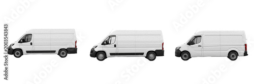 Set of White Commercial Delivery Van Isolated on White Background, PNG