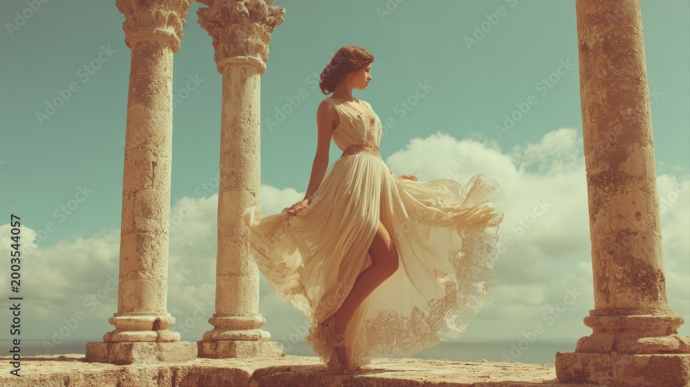 Fototapeta premium Elegant woman in flowing dress posing amidst ancient stone columns with a cloudy sky backdrop
