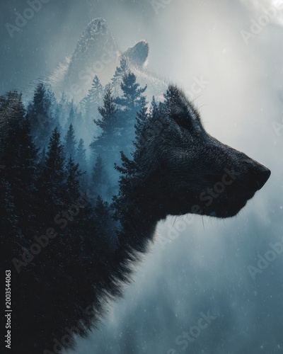 Wolf Profile Double Exposure with Forest and Snowfall, Winter Landscape