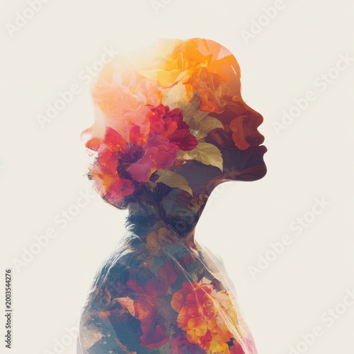 Woman's Profile Silhouette with Vibrant Floral Double Exposure Art