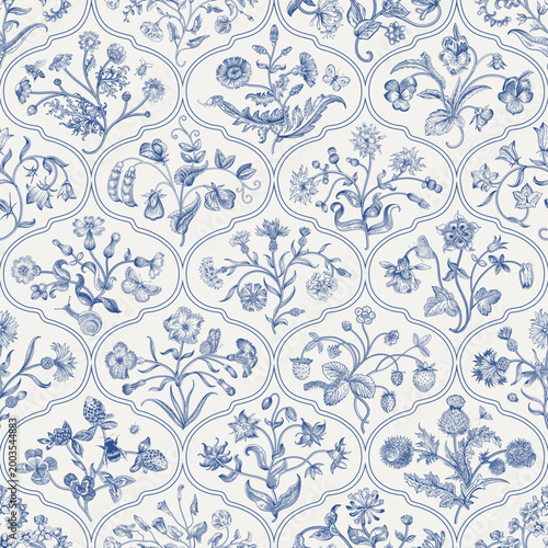 Flowers of the Meadow. Floral trellis. Vintage seamless floral pattern. Blue and white