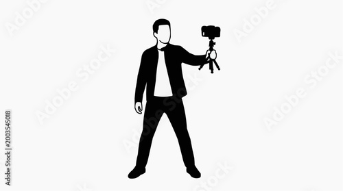 Man Filming with Smartphone and Tripod Silhouette Content Creator Concept White Background