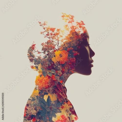 Woman's Profile with Vibrant Floral Double Exposure: Nature's Beauty and Growth