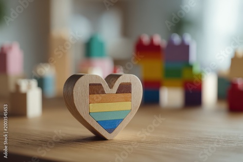Wooden Heart Puzzle with Rainbow Colors on Table with Building Blocks in Background