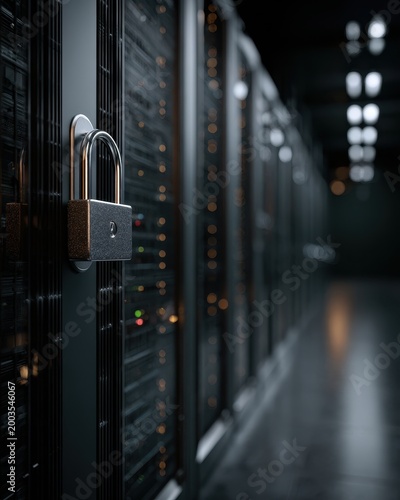 Server Rack Secured with Padlock in Dark Data Center with Bokeh Lights