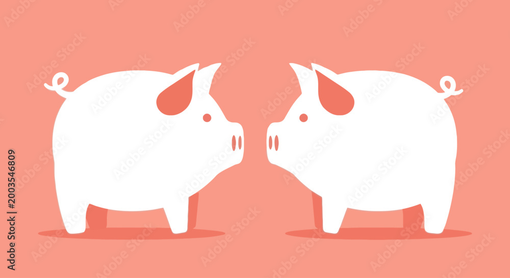 Fototapeta premium Two white cartoon pigs facing each other on a pink background, minimalist illustration