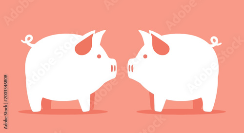 Two white cartoon pigs facing each other on a pink background, minimalist illustration