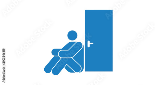Isolated person sitting by a closed blue door, loneliness, isolation, waiting concept