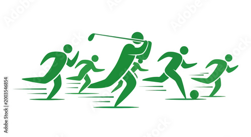 Active People Playing Sports: Golf, Running, Soccer - Green Silhouettes