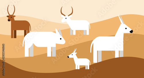 Stylized herd of antelopes in a desert landscape, flat vector illustration
