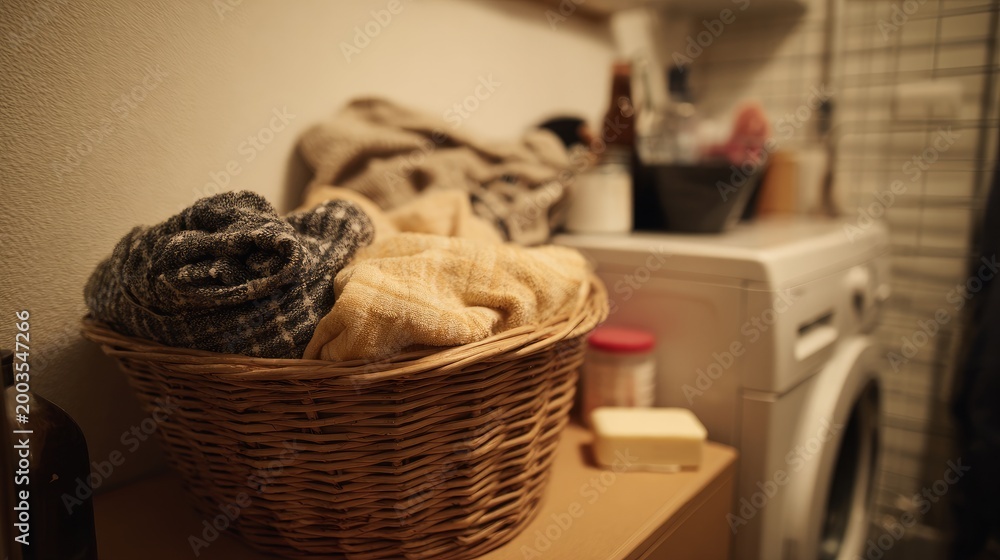 Obraz premium Clothes in a basket sit near the washing machine and soap, ready for cleaning in the room.
