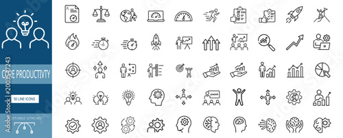  crore Productivity line icons set time management business efficiency success task goal progress strategy performance workflow & more vector illustration with editable stroke.