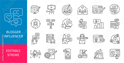 Influencer and Content Creator Line Icon Set, Social Media Marketing, Blogging