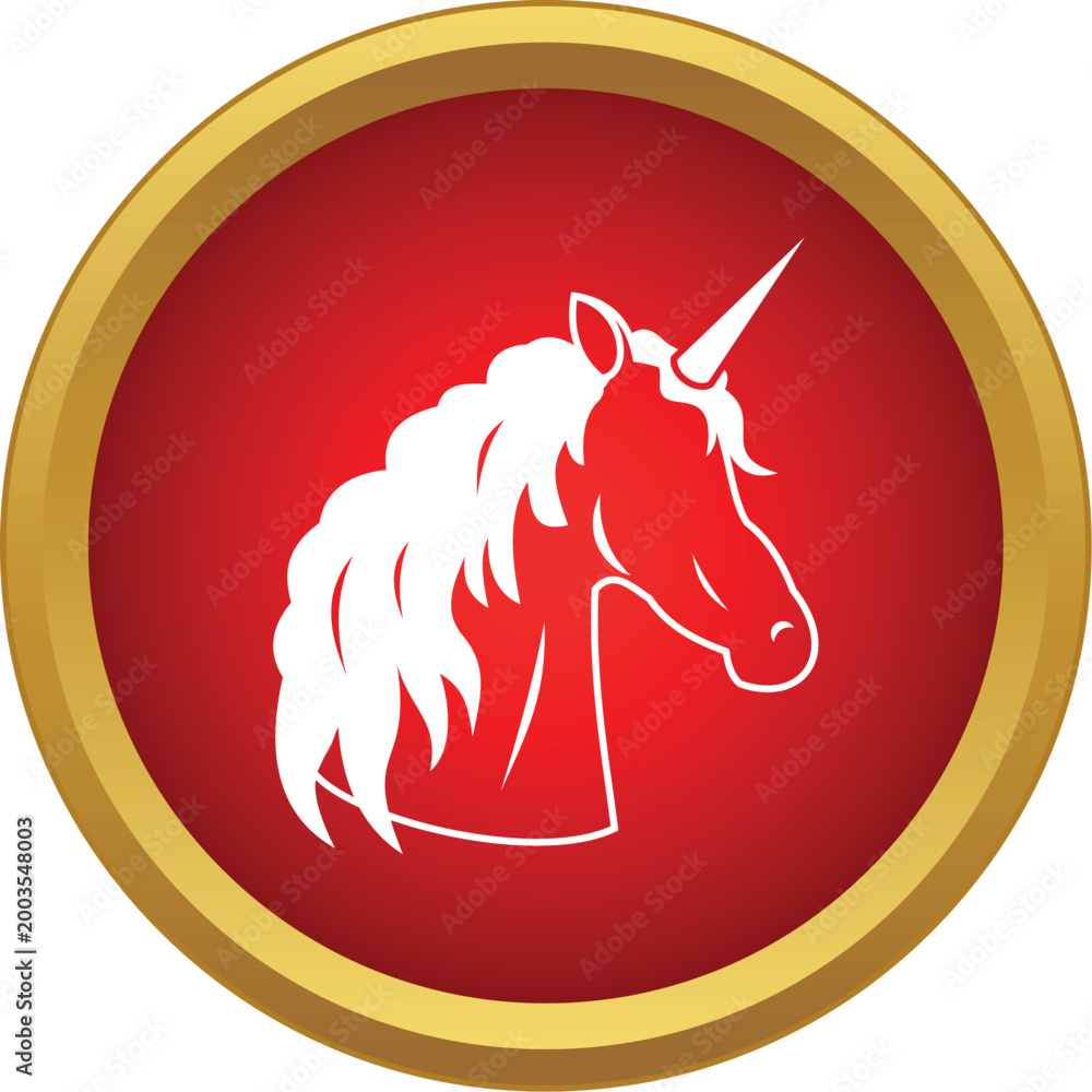 Obraz premium White unicorn head silhouette in a red circular frame with a golden border