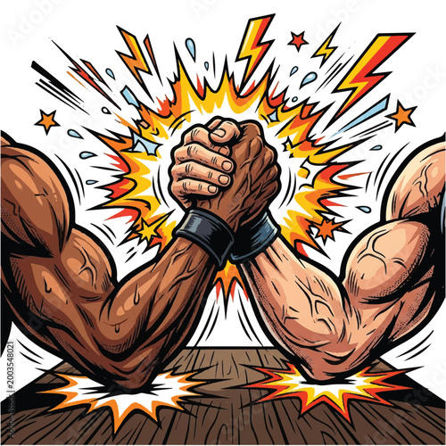 Dynamic Arm Wrestling Match Showing Strength and Competition Between Two Muscular Opponents.
