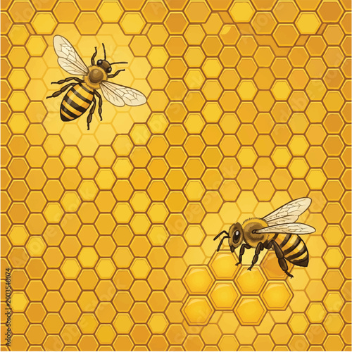Close-up of two bees on a honeycomb with a vibrant yellow background.