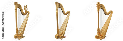 Set of Classical Golden Harp Isolated on White Background, PNG
