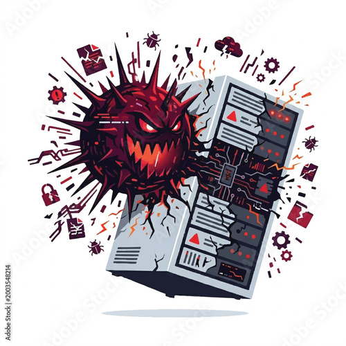 Digital illustration of a menacing virus character attacking a smartphone with cyber elements.