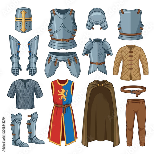 Collection of medieval armor and clothing including helmets, chainmail, and garments for historical reenactment or costume design.