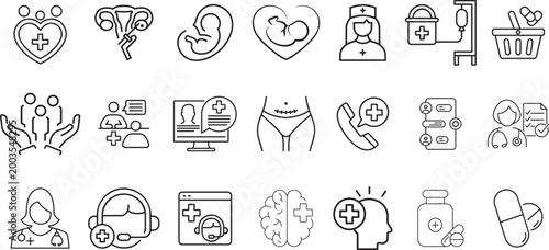 Healthcare icons set: A collection of health and medical icons provides versatile visual elements, covering aspects of women's health to mental well-being and medication. png