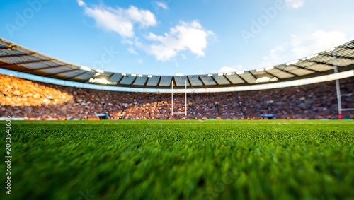 Wide angle view of a packed sports stadium with a lush green grass field under a bright blue sky during a match