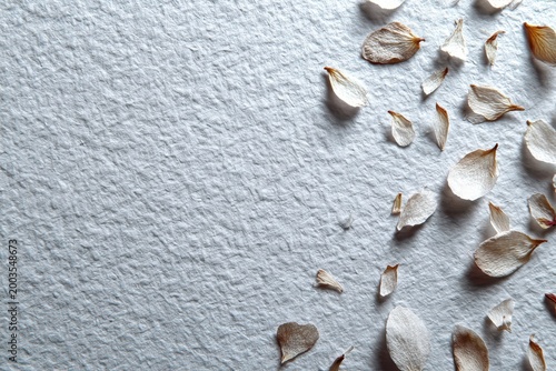 White textured paper background with delicate dried petals, natural organic theme