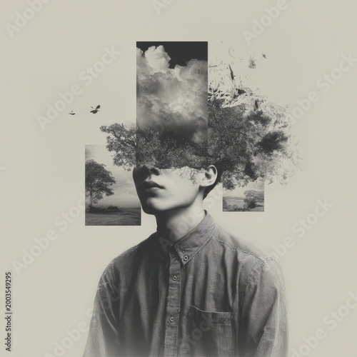 Surreal Portrait of a Man with Nature Imagery and Cloudscape Overlay