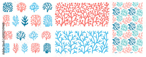 Set of Coral reef and seaweed seamless pattern, underwater sea with hand-drawn coral and algae elements