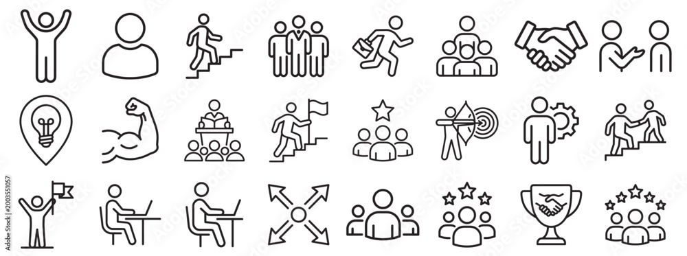 Fototapeta premium business and teamwork line icons set, success, leadership, achievement, strategy, communication, motivation, isolated on transparent background