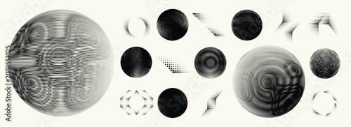 Abstract circular halftones element set, geometric dotted ring and spiral circle shapes for modern design, technology, or motion graphic backgrounds. Dotted round elements, radial spirals, and vortex.