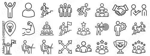 business and teamwork line icons set, success, leadership, achievement, strategy, communication, motivation, isolated on transparent background