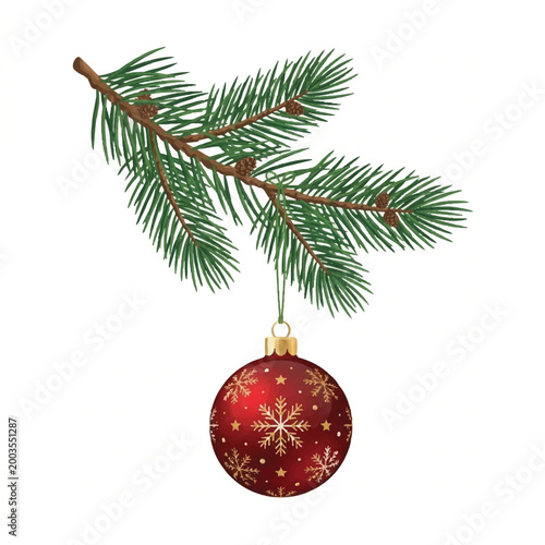 Close-up of Christmas Tree Branch with Red Ornament Hanging for Holiday Decoration.