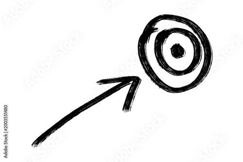 Obraz na plátně Hand drawn black brush arrow pointing to target icon doodle.