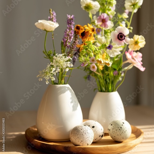 Flowers and Eggs on a Wooden Tray With Sunlight in a Bright Room During the Day