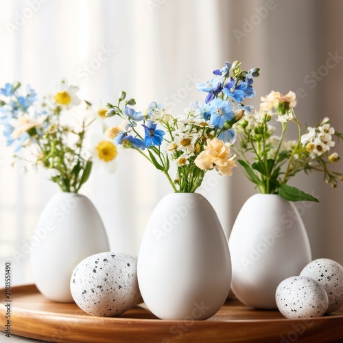 Flowers and Eggs on a Wooden Tray With Sunlight in a Bright Room During the Day