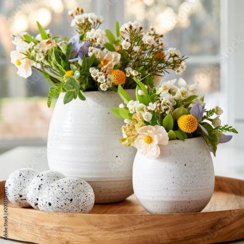 Ceramic Vases With Flowers and Decorative Eggs on a Wooden Tray Indoors
