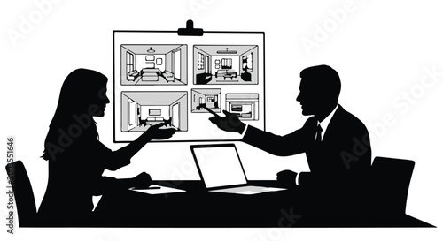 Business colleagues discussing project plan on whiteboard in office meeting room with laptop and presentation board