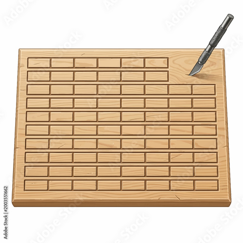 Wooden chessboard with a pen placed on it, ready for game or study.