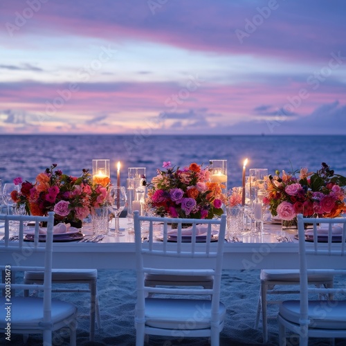 Beautiful Beach Dinner Setting With Flowers and Candles at Sunset by the Sea